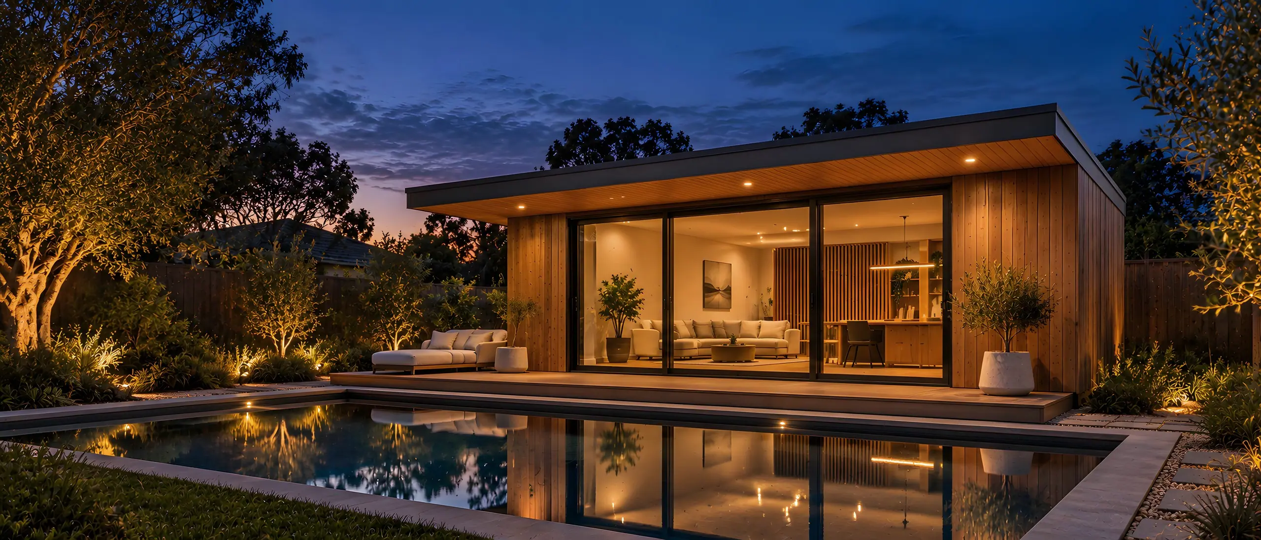 Timber-clad garden pavilion at blue hour beside a lit pool, its glazing glowing warm, uplit trees around the garden.