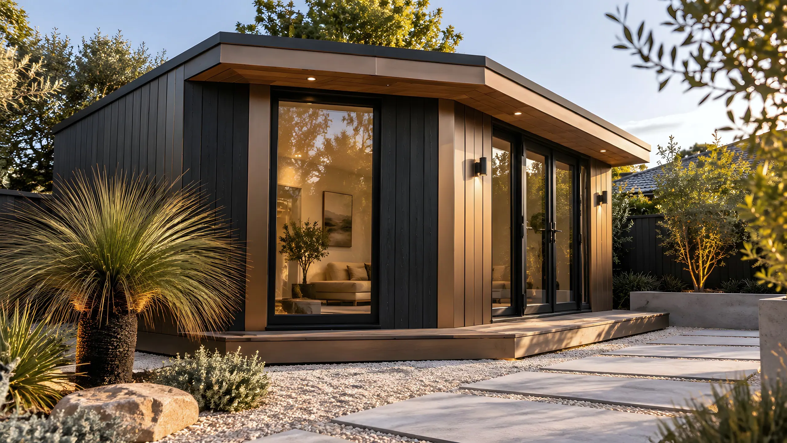 Charcoal garden room with bronze-toned door frames and timber reveals, set among grass trees, gravel and limestone pavers.