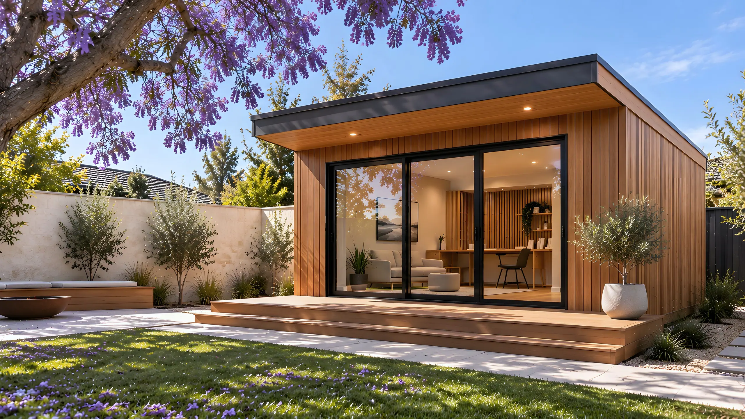 Cedar-clad garden room beneath a flowering jacaranda, with a rendered wall, olive trees and a broad timber step.
