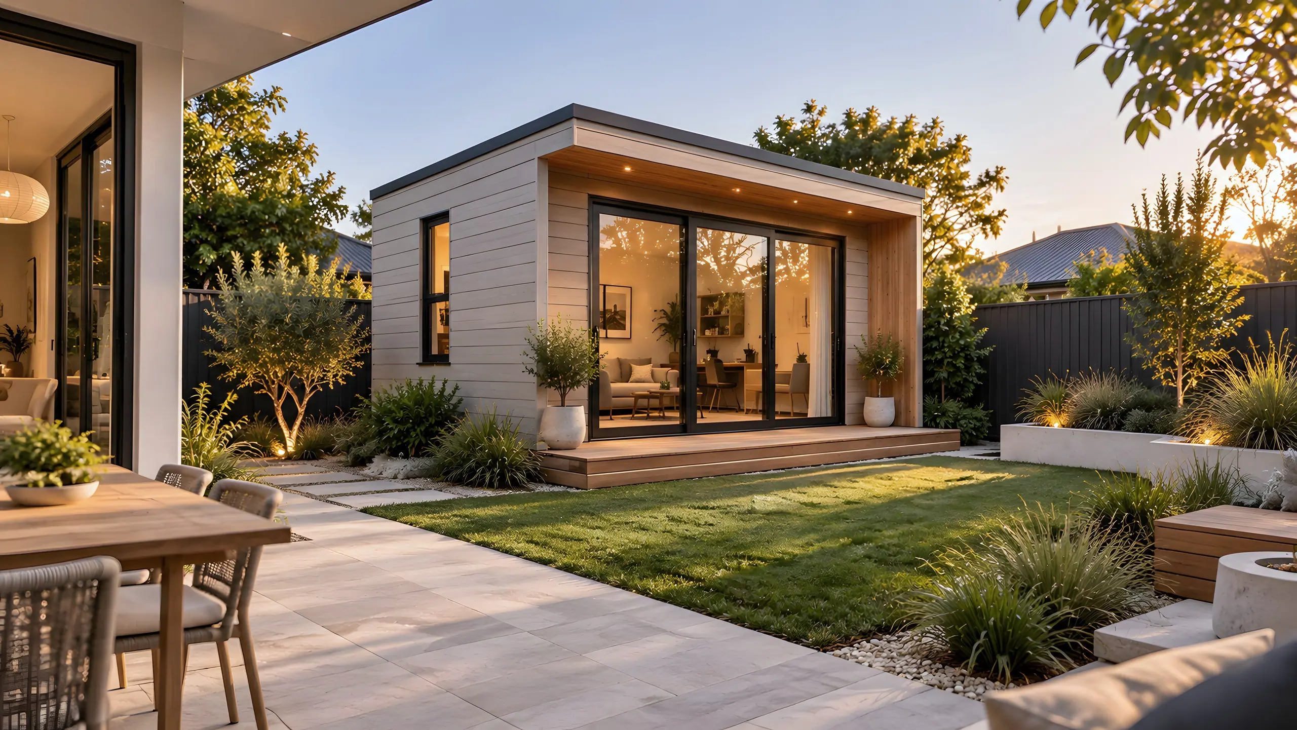 Pale-clad garden room with a timber-lined entry, seen across a lawn from a covered outdoor dining area at sunset.