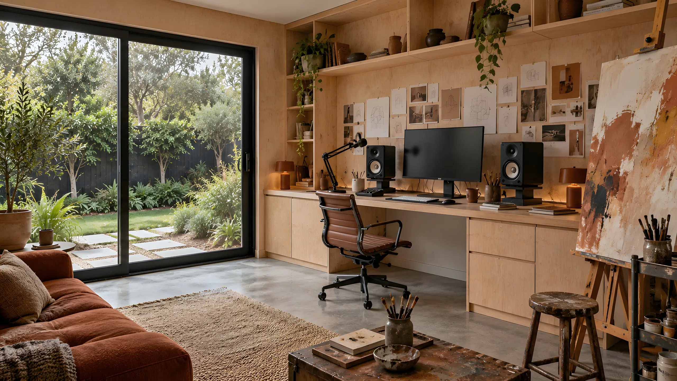 Creative studio with a birch-ply desk, studio monitors and speakers, a mood-board wall and an easel, glazing to the garden.
