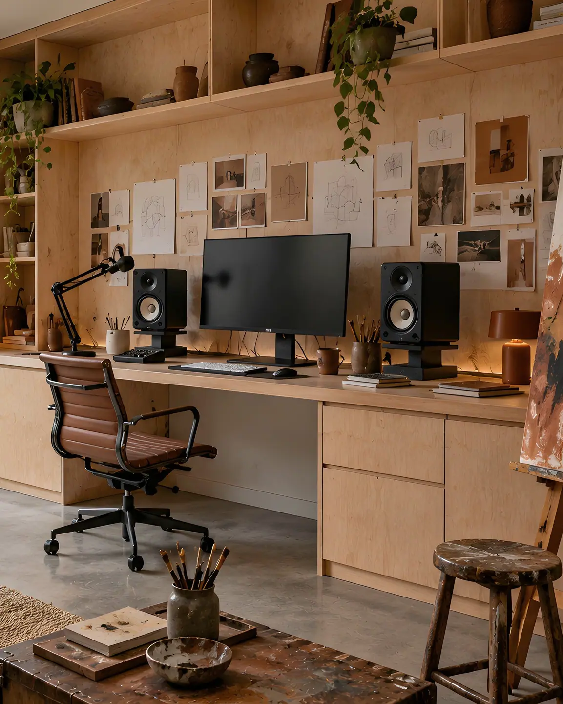 Creative studio desk with studio monitors, speakers and an easel.
