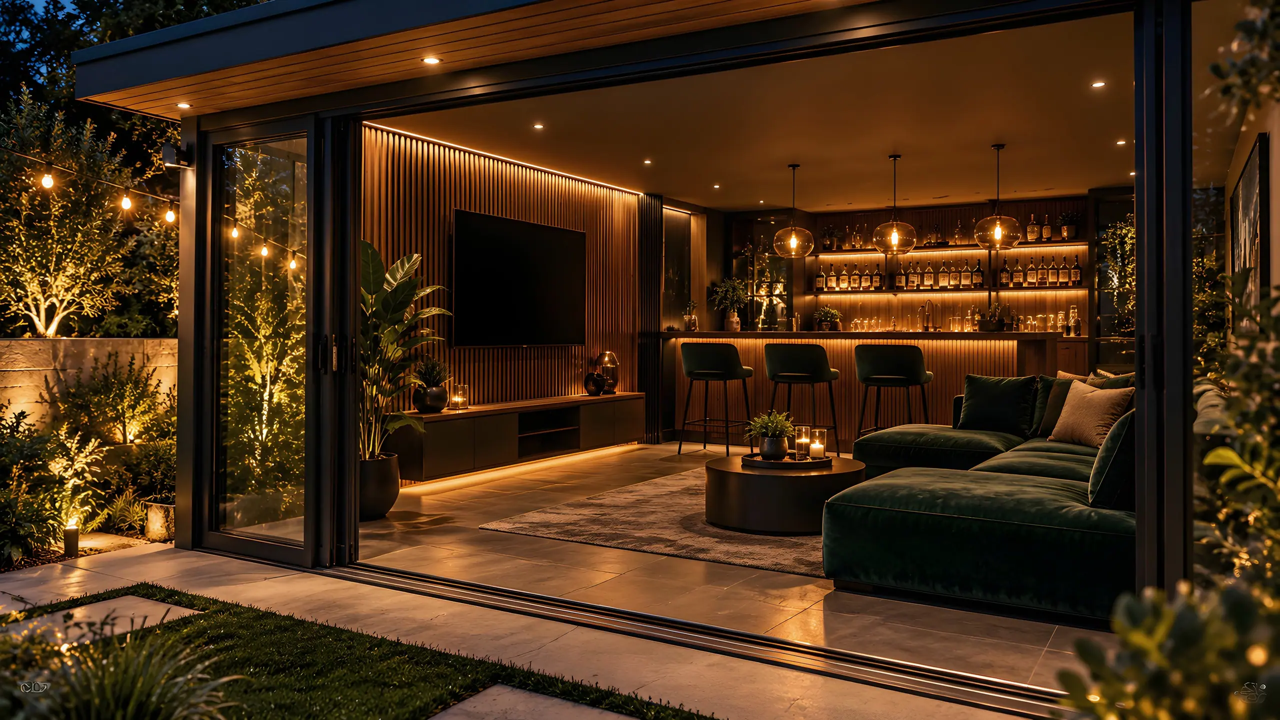 Entertainment room at dusk opened to the garden: a lit back bar with stools, a timber media wall and a deep green lounge.