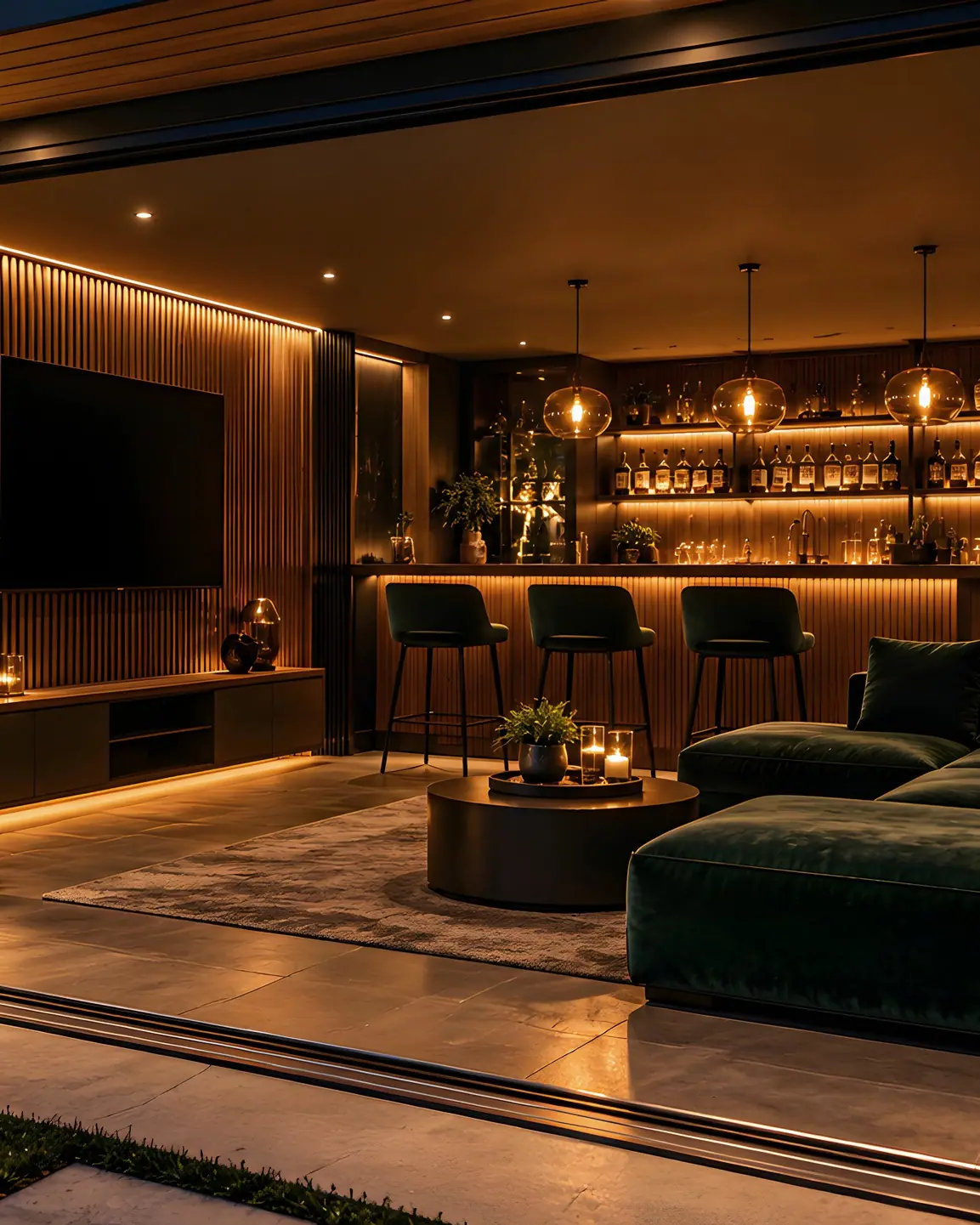 Entertainment room at dusk with a lit back bar and a deep green lounge.