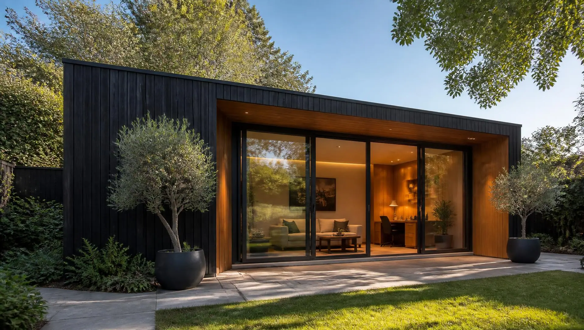 Wide charcoal garden room in daylight with a deep timber-lined recess framing sliding doors, potted olive trees either side.