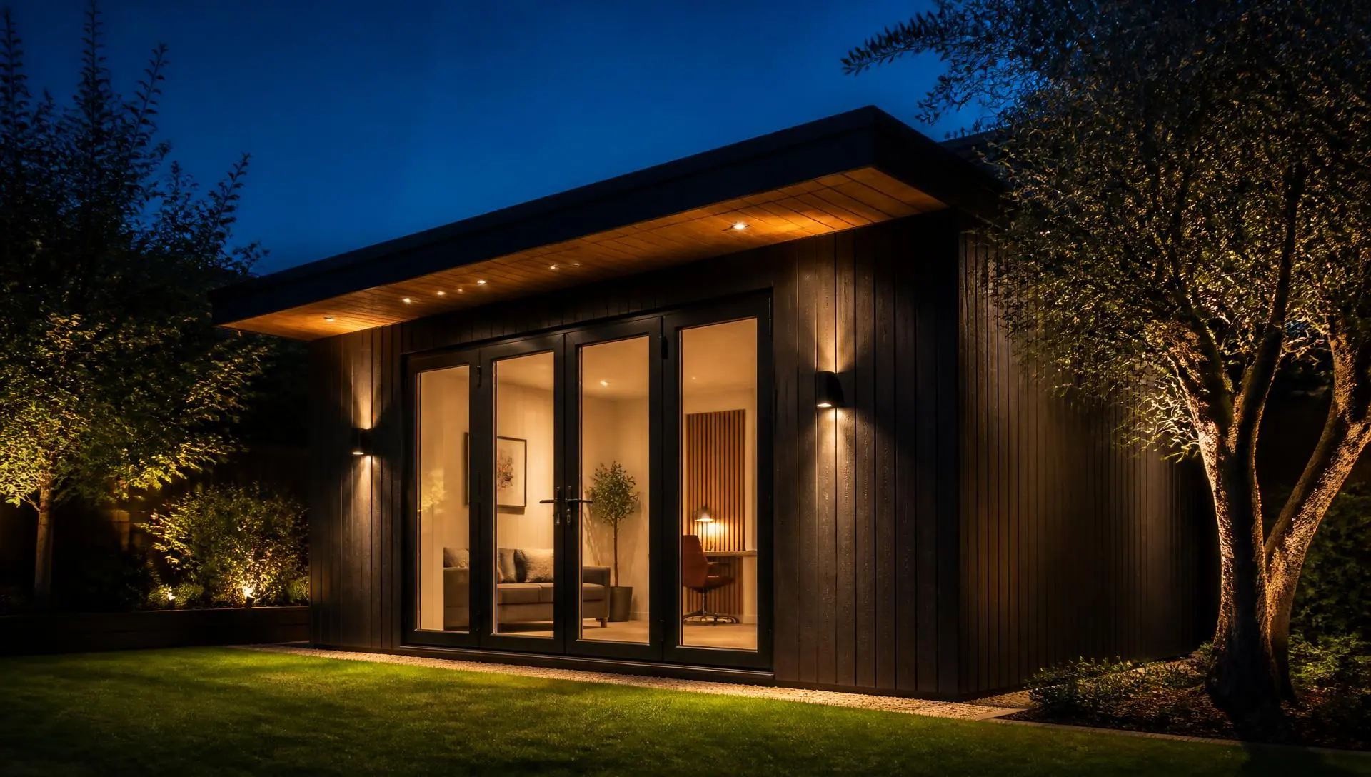 Garden room at blue hour with bi-fold doors lit from within, uplit trees and wall lights washing the charcoal cladding.