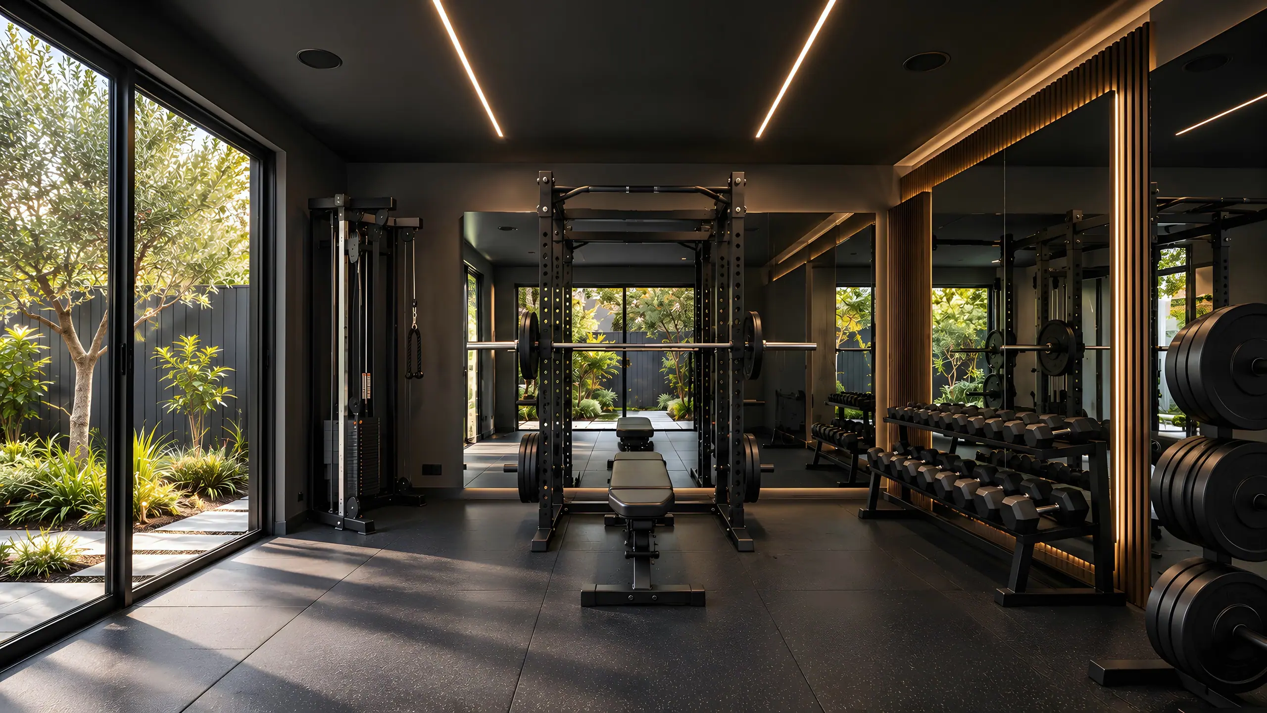 Home gym garden room with a power rack, cable machine and dumbbells under linear ceiling lights, glazing to the garden on the left.