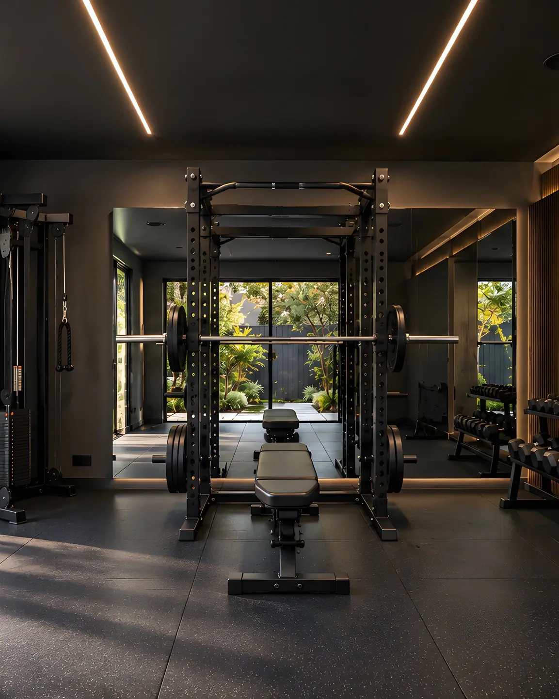 Home gym with a power rack under linear ceiling lights.