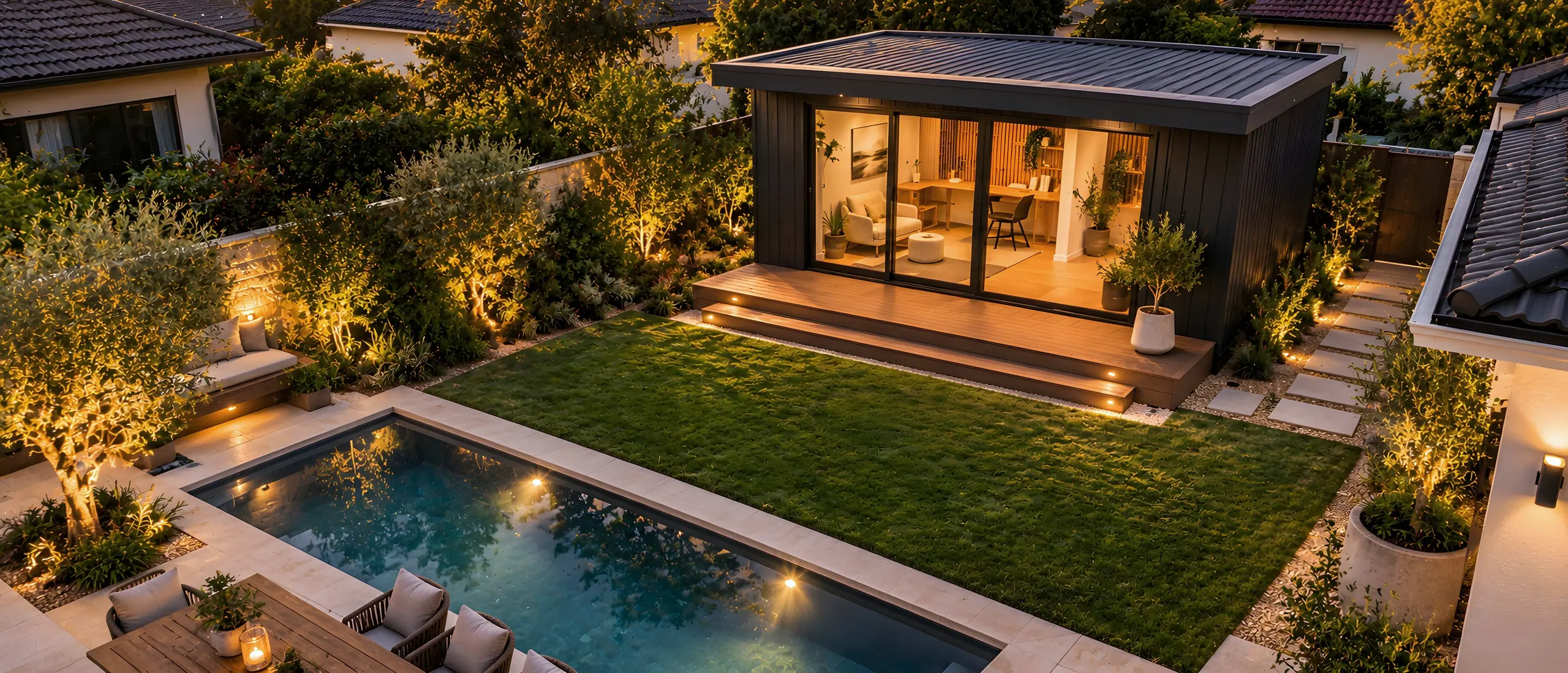 Elevated view at dusk over a Perth backyard: a charcoal garden room with lit glazing beyond a lawn, a pool and an outdoor dining terrace.