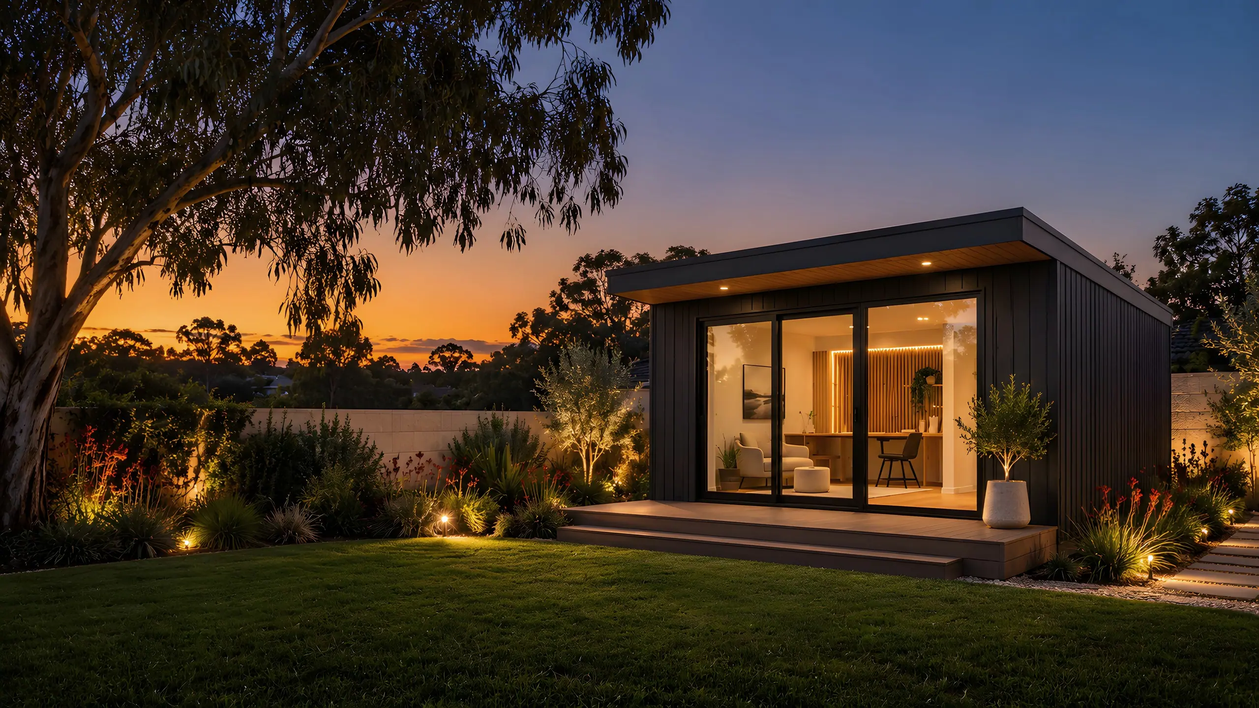 Charcoal-clad garden room at dusk, its glazing lit warm, in a Perth garden of kangaroo paw and native grasses beneath a peppermint tree.