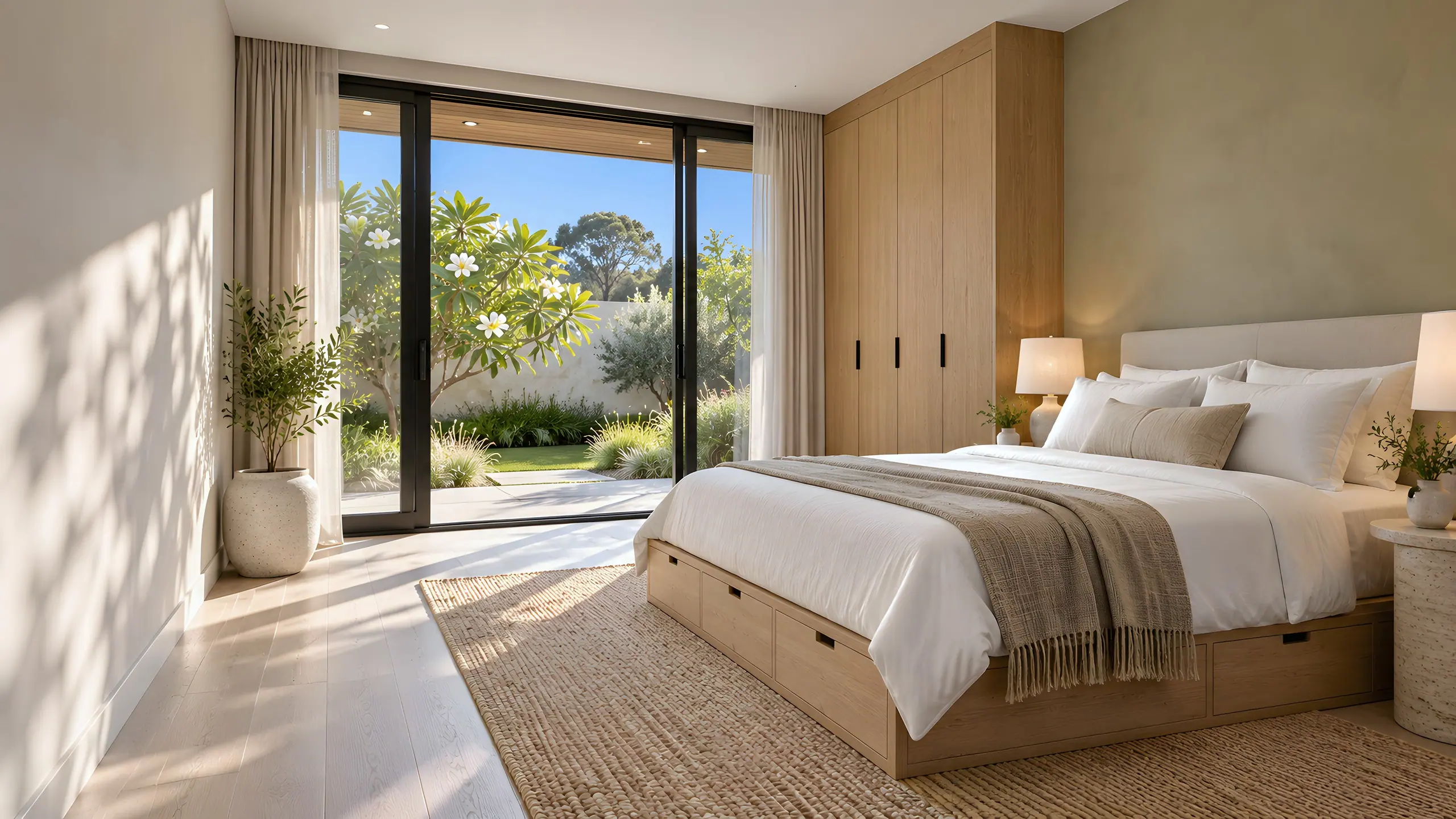 Guest bedroom with a timber storage bed, fitted oak wardrobes and full-height glazing to a frangipani-planted courtyard.