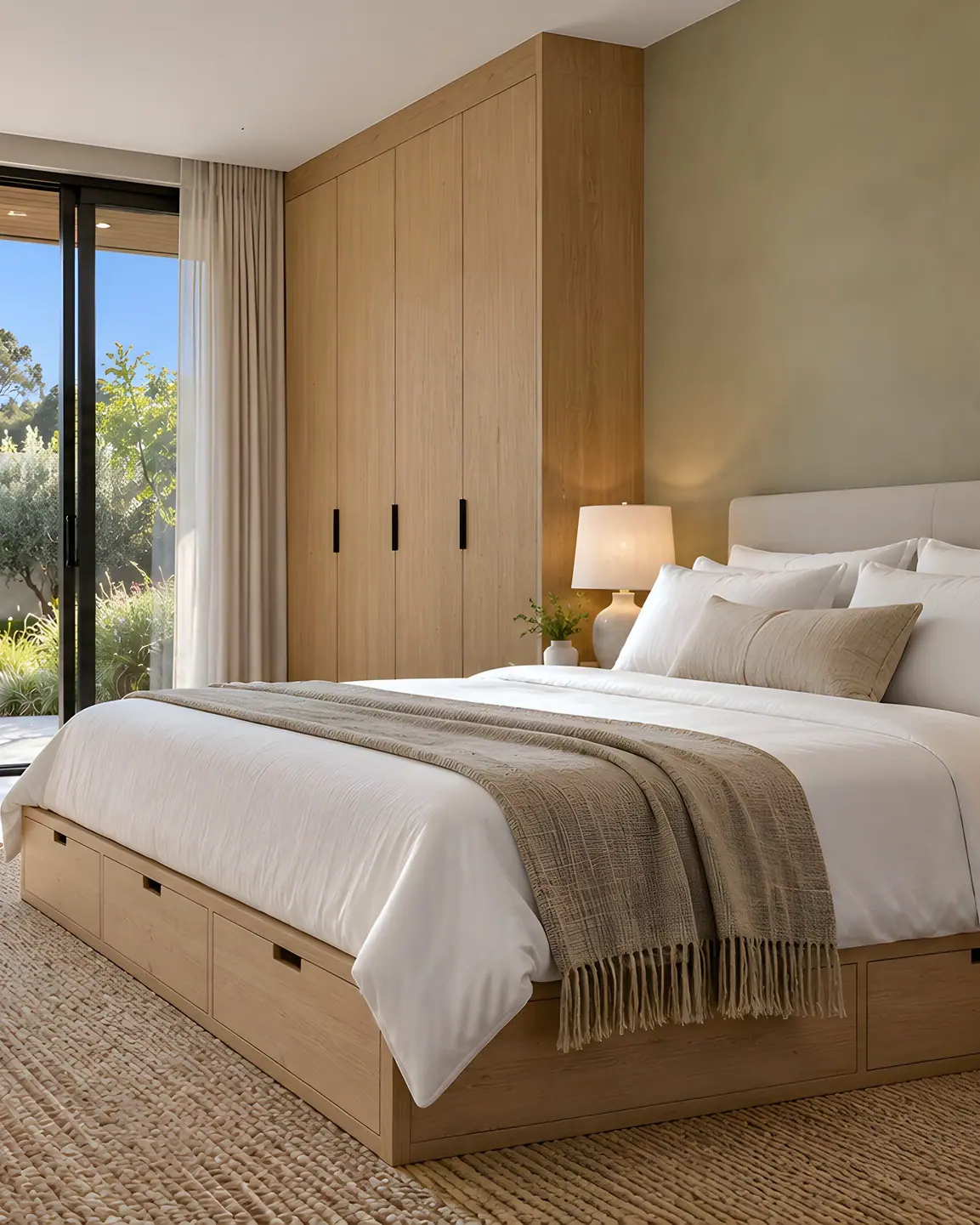 Guest bedroom with a timber storage bed and fitted oak wardrobes.