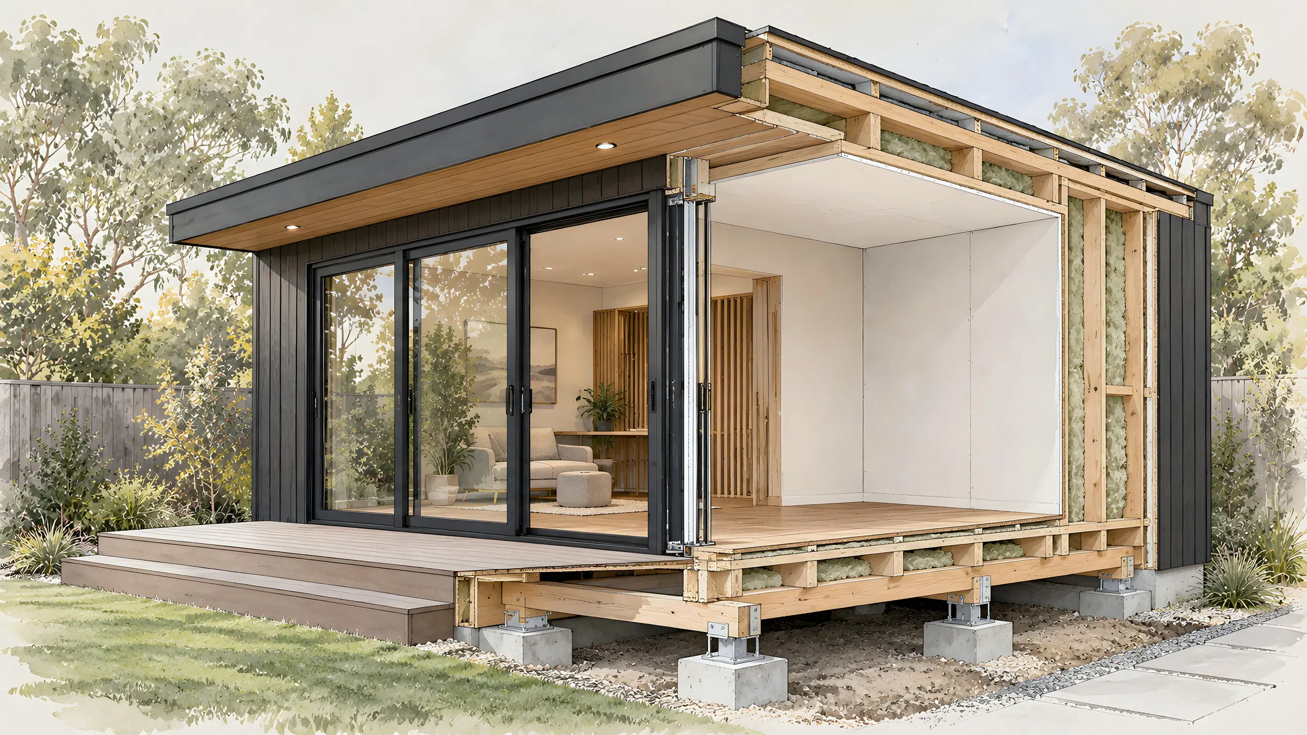 Cutaway illustration of a garden room showing concrete pad footings, the raised timber floor, insulated wall framing, cladding and roof.