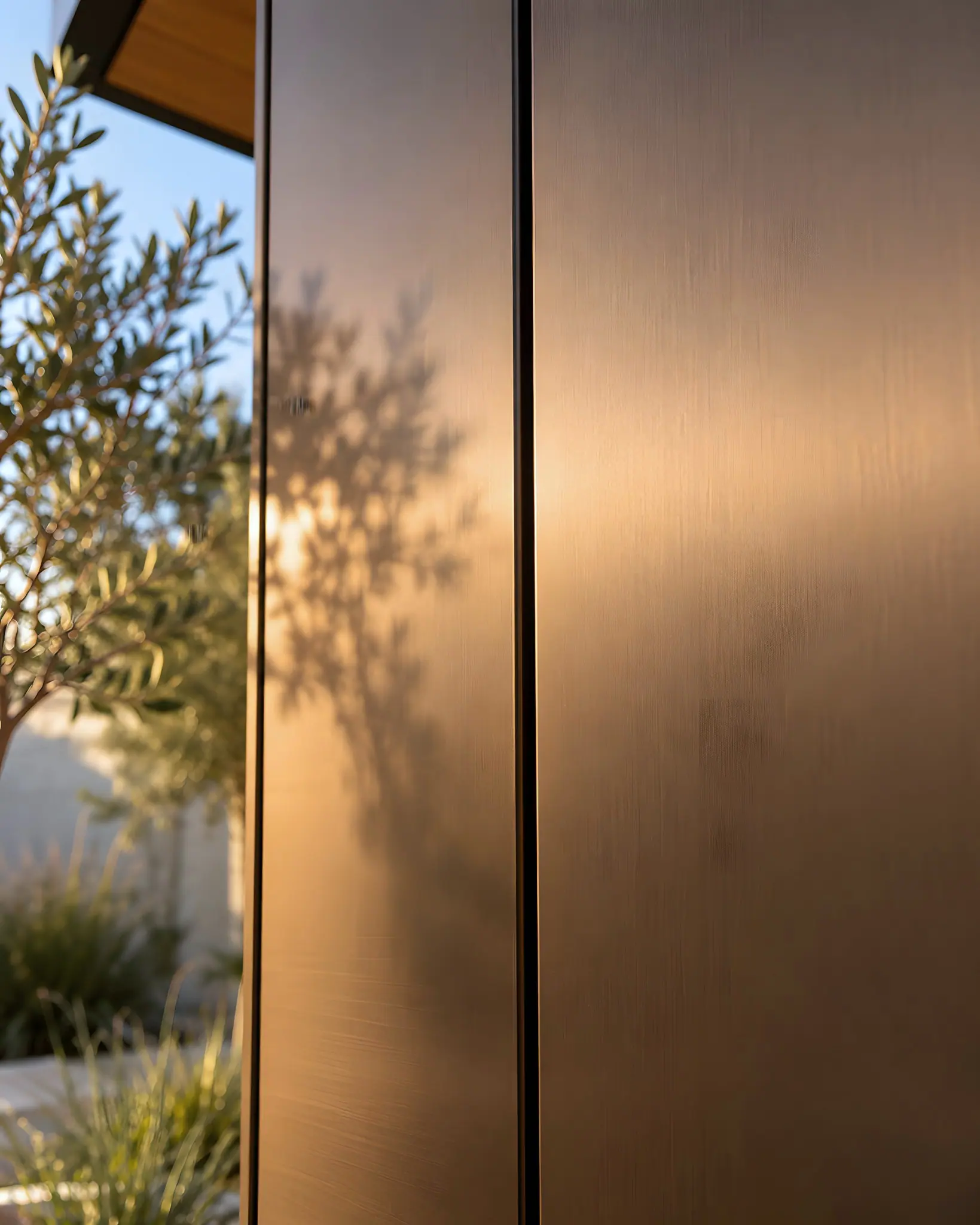 Close-up of a charcoal aluminium sheet feature panel meeting timber-look cladding at a clean edge, olive leaves casting shadows.