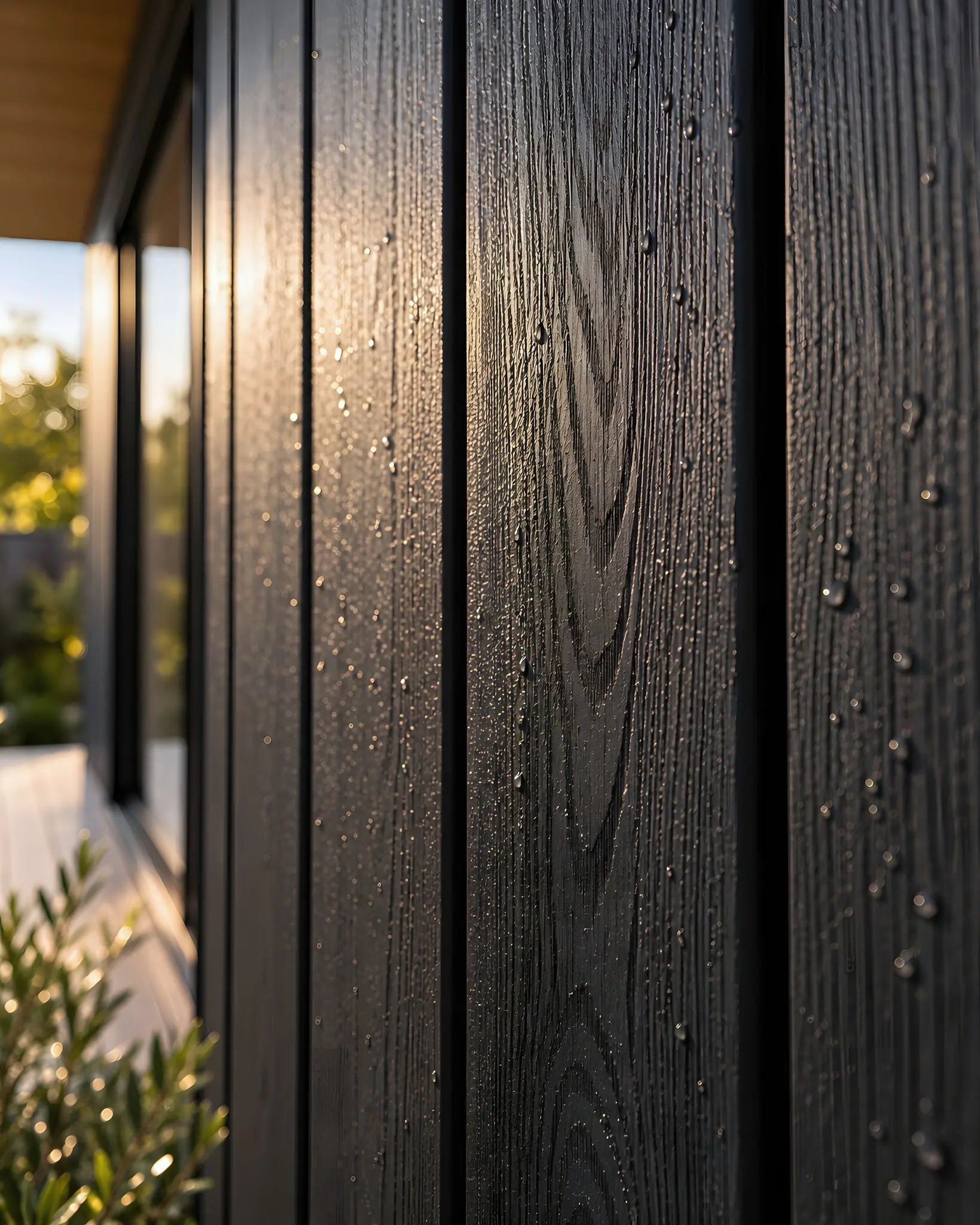 Close-up of charcoal timber-look composite cladding boards with fine grain and beads of water.