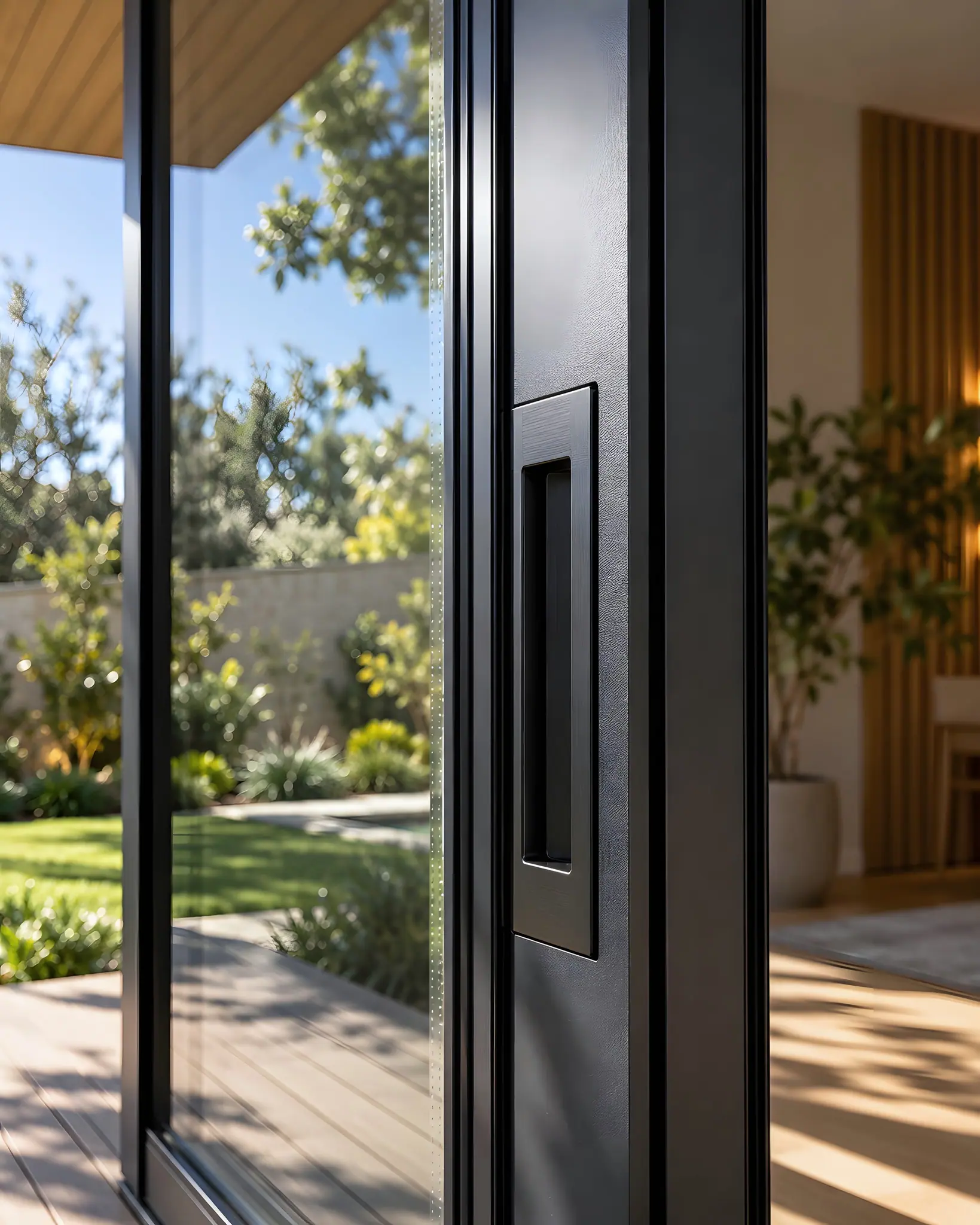 Close-up of a black powder-coated aluminium sliding door frame with a flush recessed pull handle.