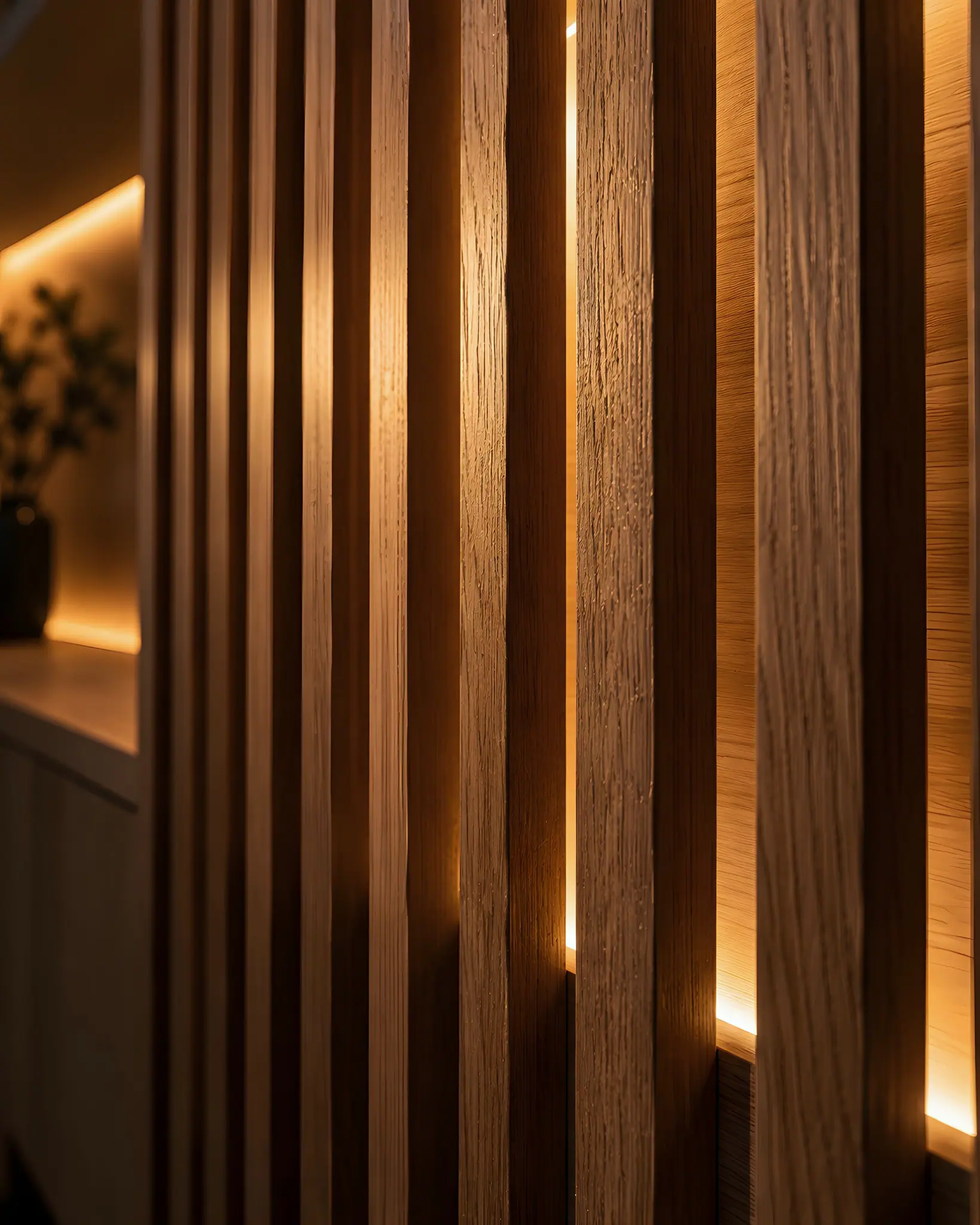 Close-up of warm timber slats with a strip of LED light glowing between them.