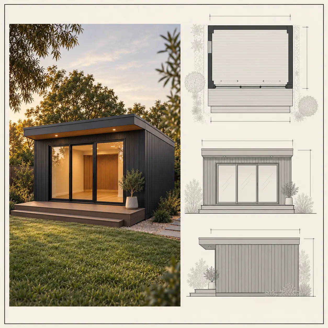 Design sheet pairing a render of a garden room at golden hour with its floor plan and two elevations.
