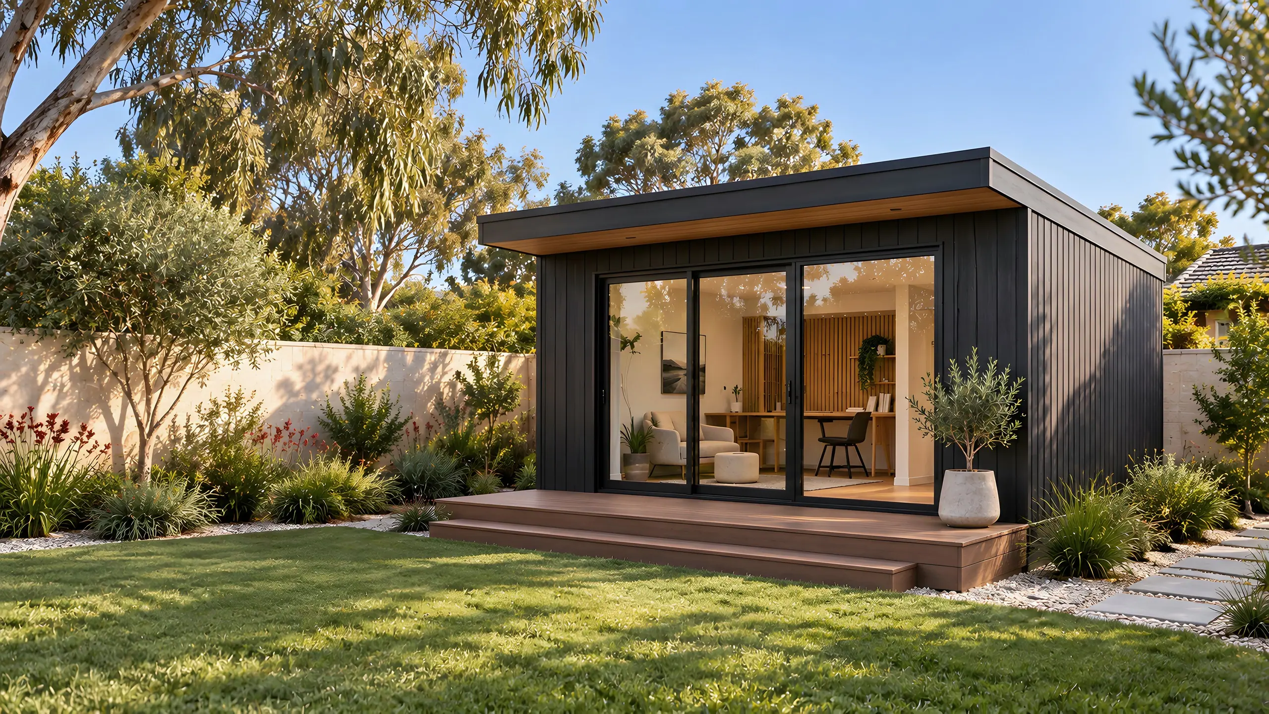 Finished charcoal garden room in late-afternoon light, with a timber deck, sliding doors and a limestone boundary wall behind.