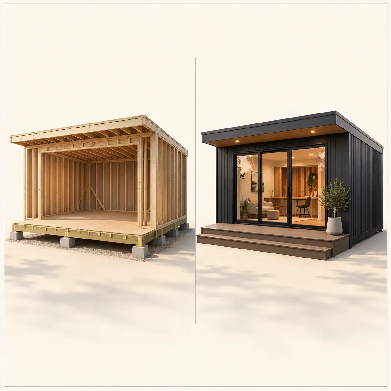 Side by side: a garden room's structural timber frame on concrete pad footings, and the same room finished in charcoal cladding with lit glazing and a timber deck.