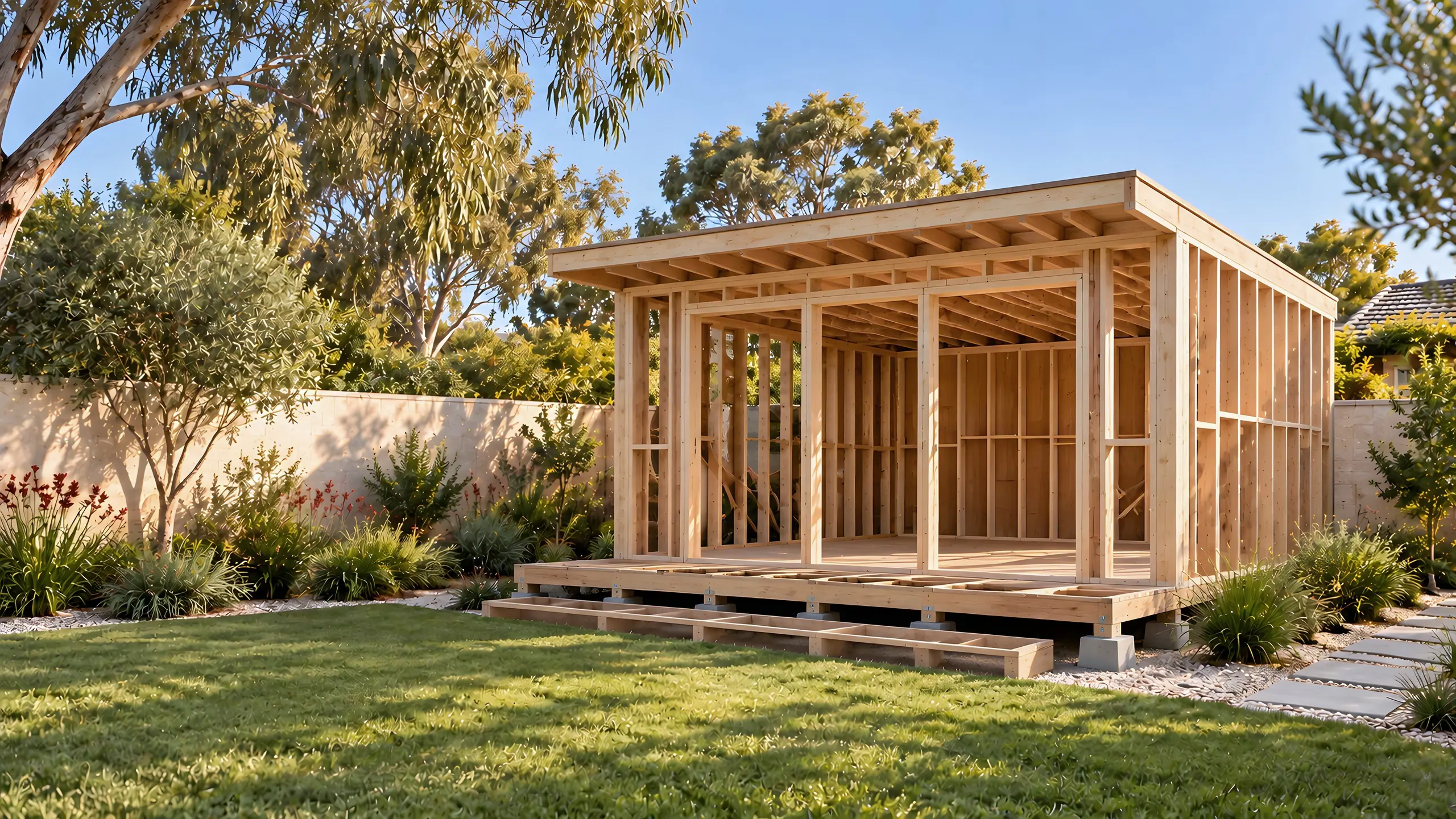 The same garden room at the framing stage: structural timber wall and roof framing on a raised floor over concrete pad footings.