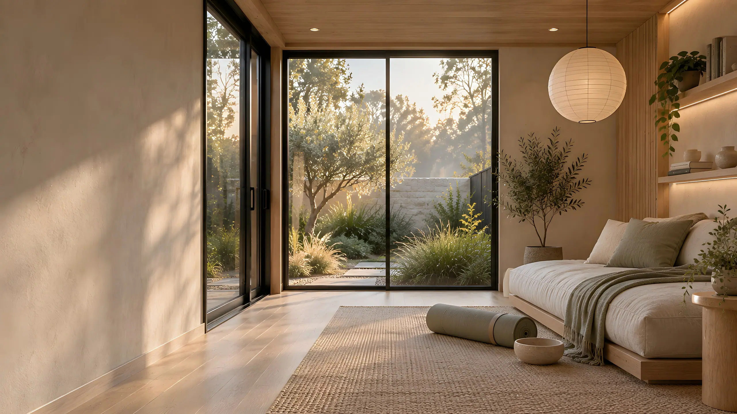 Quiet reading room with a low daybed, a paper pendant light and tall glazing opening to a native garden in soft morning light.