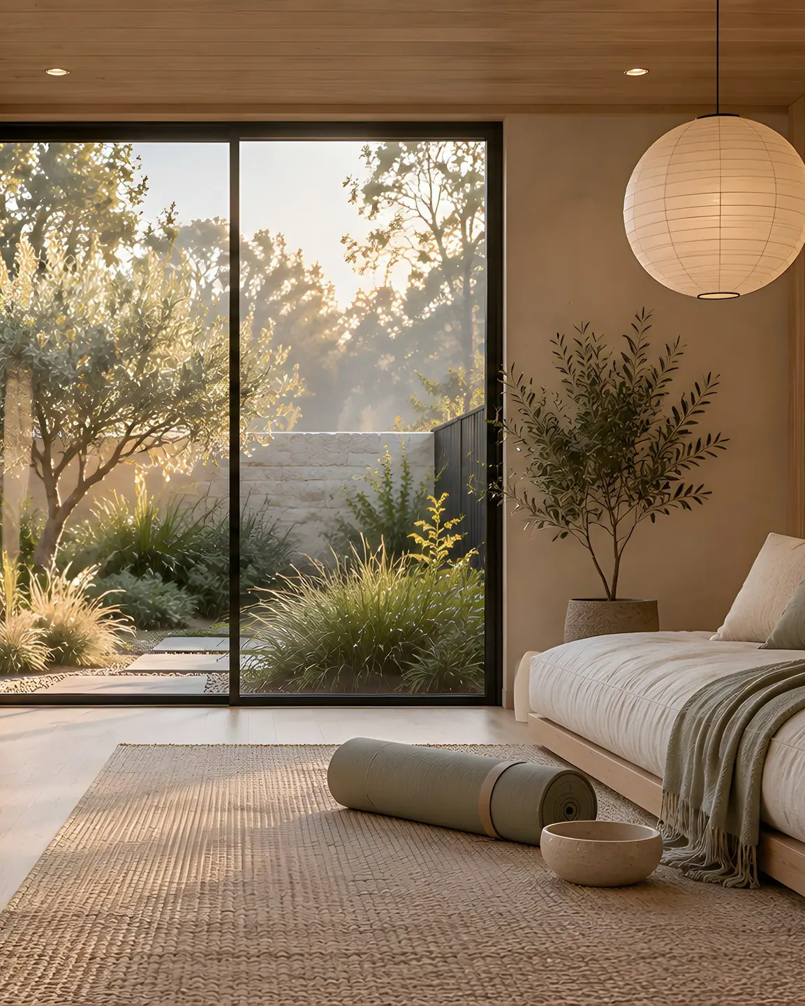 Reading room with a low daybed beside tall glazing onto a native garden.