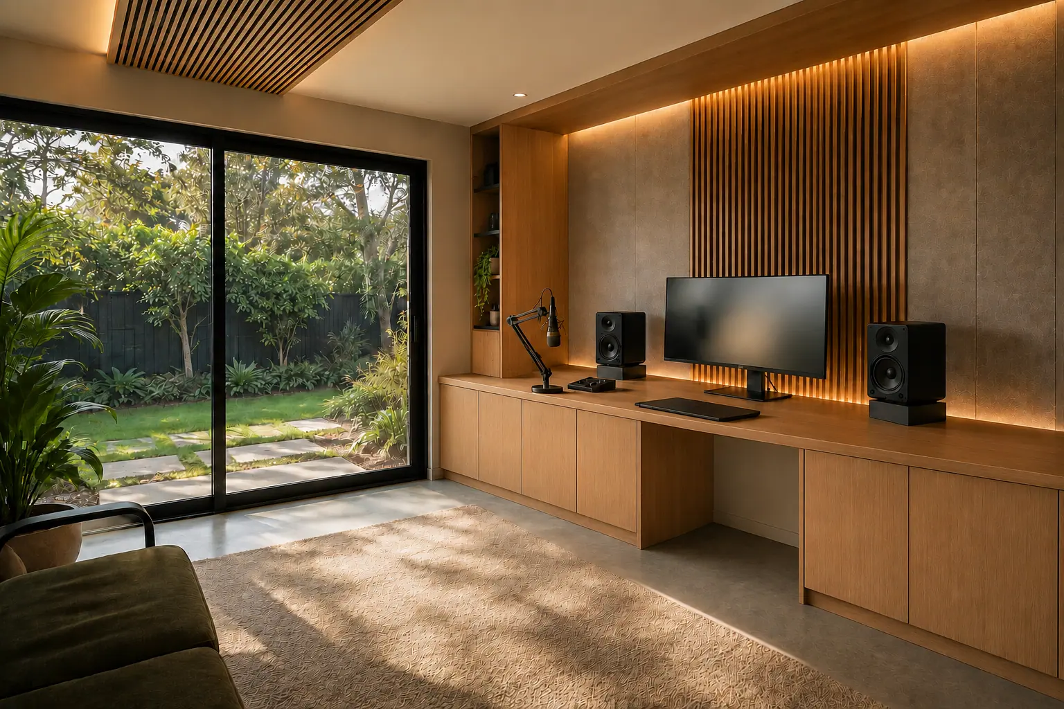 Creative studio with a long oak desk, monitor and studio speakers against a lit timber slat wall, glazing to the garden.