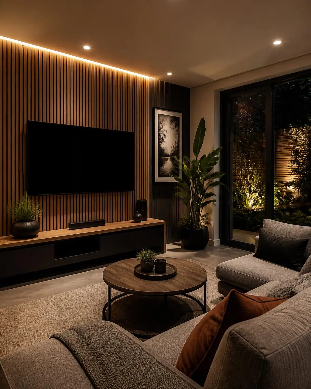 Media room with a wall-mounted screen on a lit timber slat wall, deep lounge seating and glass doors to a lit garden.