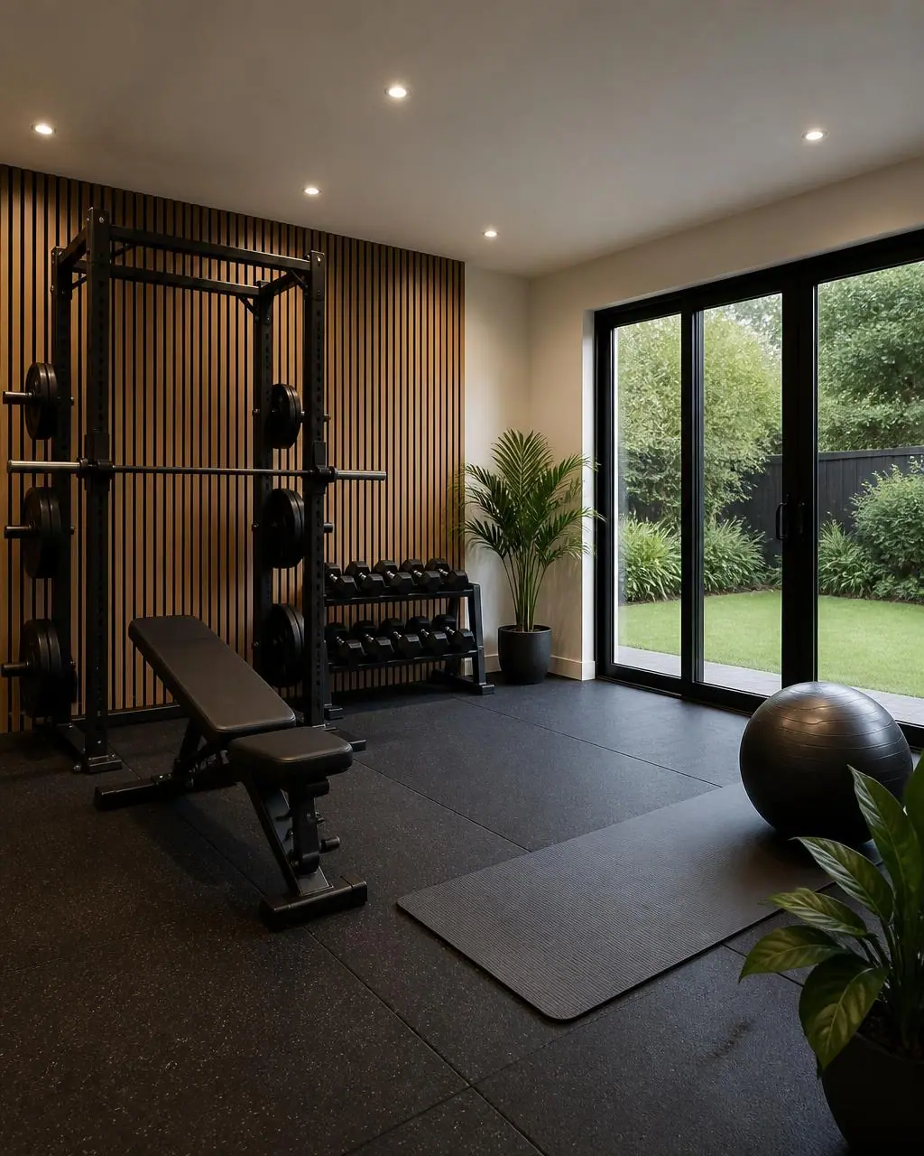 Home gym with a power rack against a timber slat wall, black rubber flooring and sliding doors to the lawn.