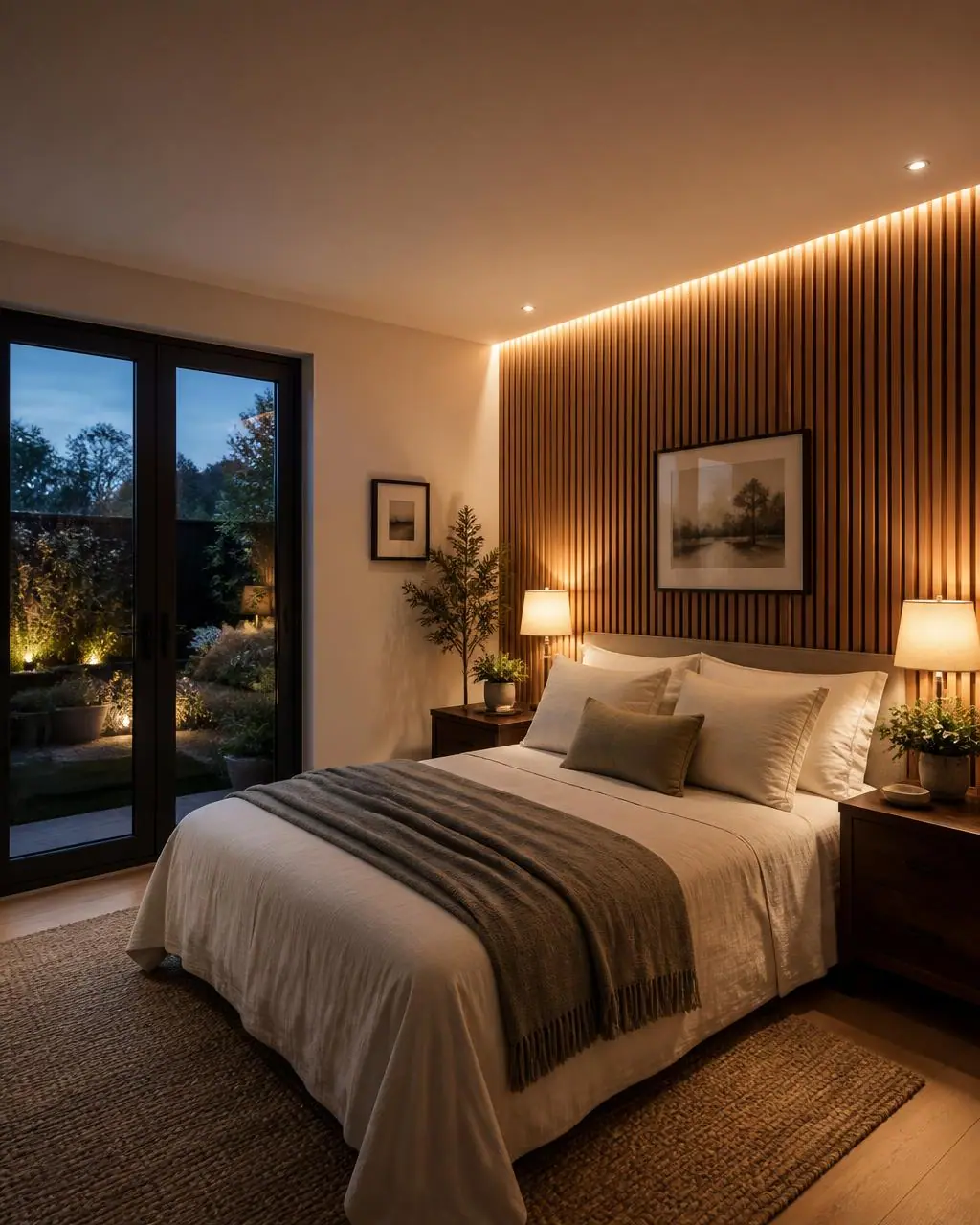 Guest bedroom at night with a lit timber slat bedhead wall, bedside lamps and glass doors to a softly lit garden.