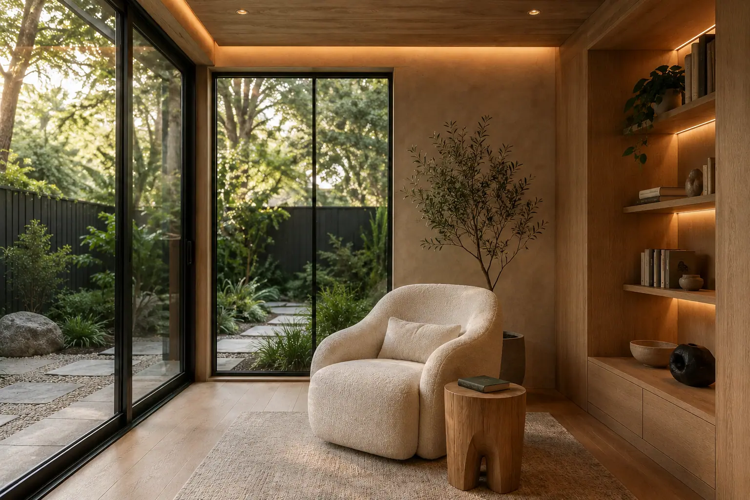 Quiet reading corner with a bouclé armchair, lit oak shelving and corner glazing looking onto a planted garden.