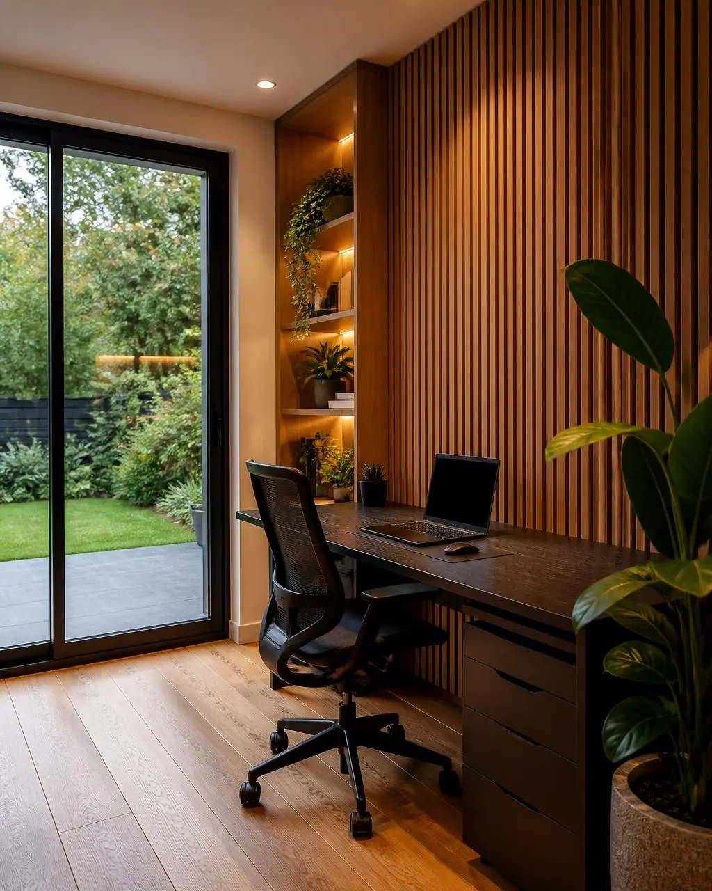 Home office with a dark timber desk against a vertical slat wall, lit shelving and a sliding door to the garden.