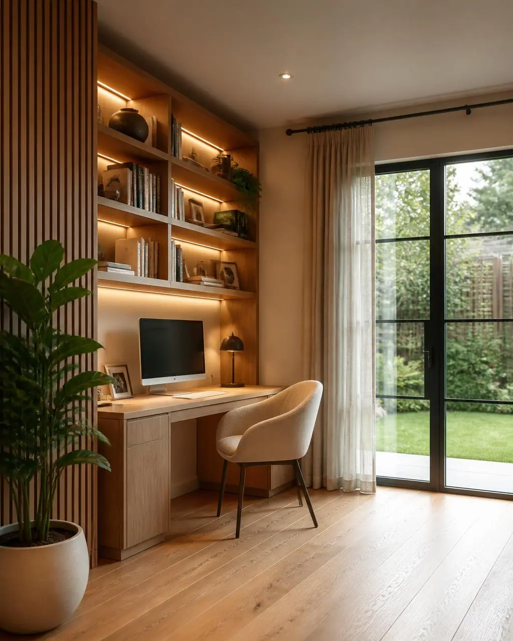 Home office with an oak desk built into lit shelving, a cream chair and steel-framed glass doors to the garden.