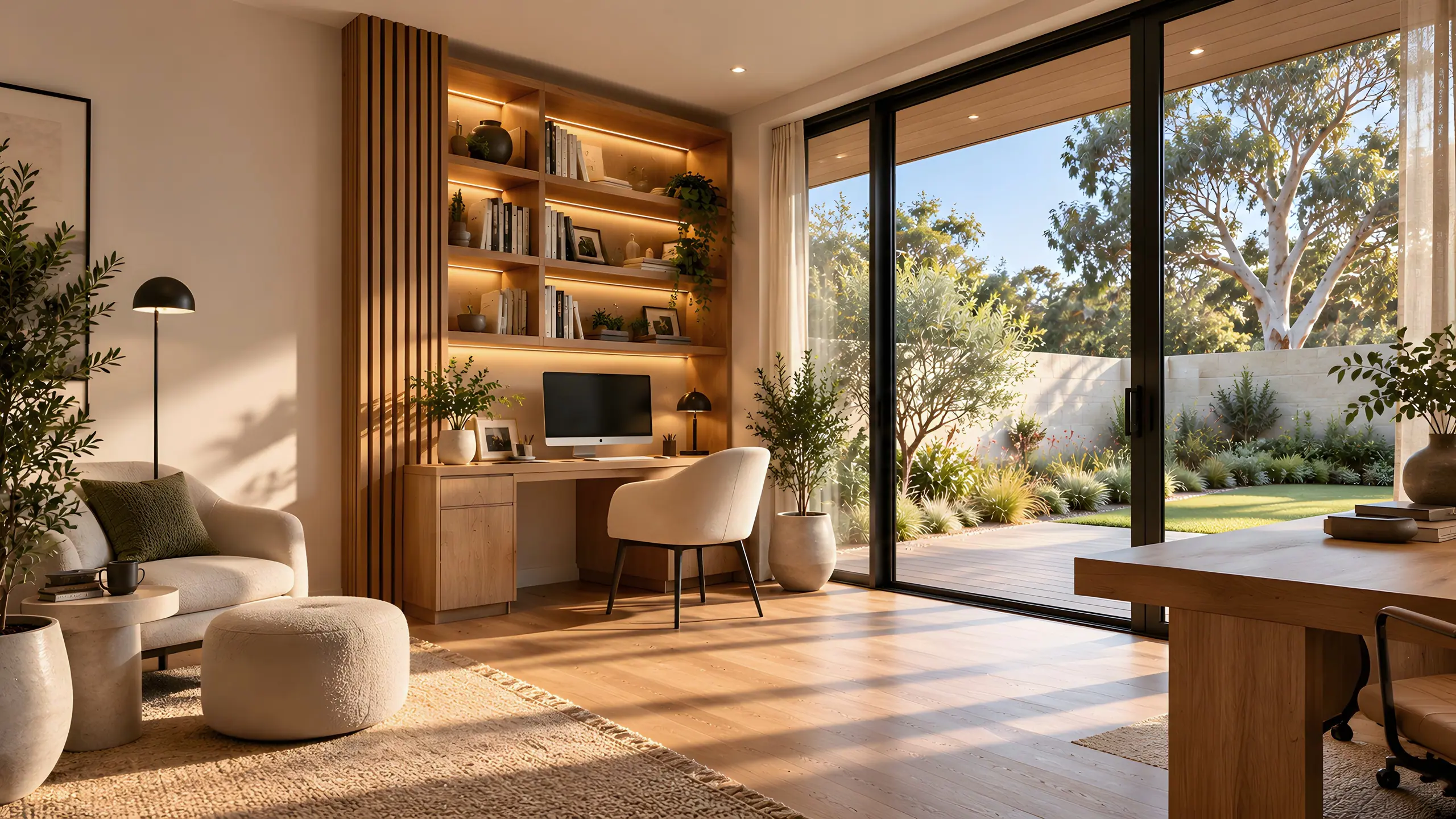 Home office garden room with an oak desk built into lit shelving, a cream chair and full-height glazing onto a native Perth garden.