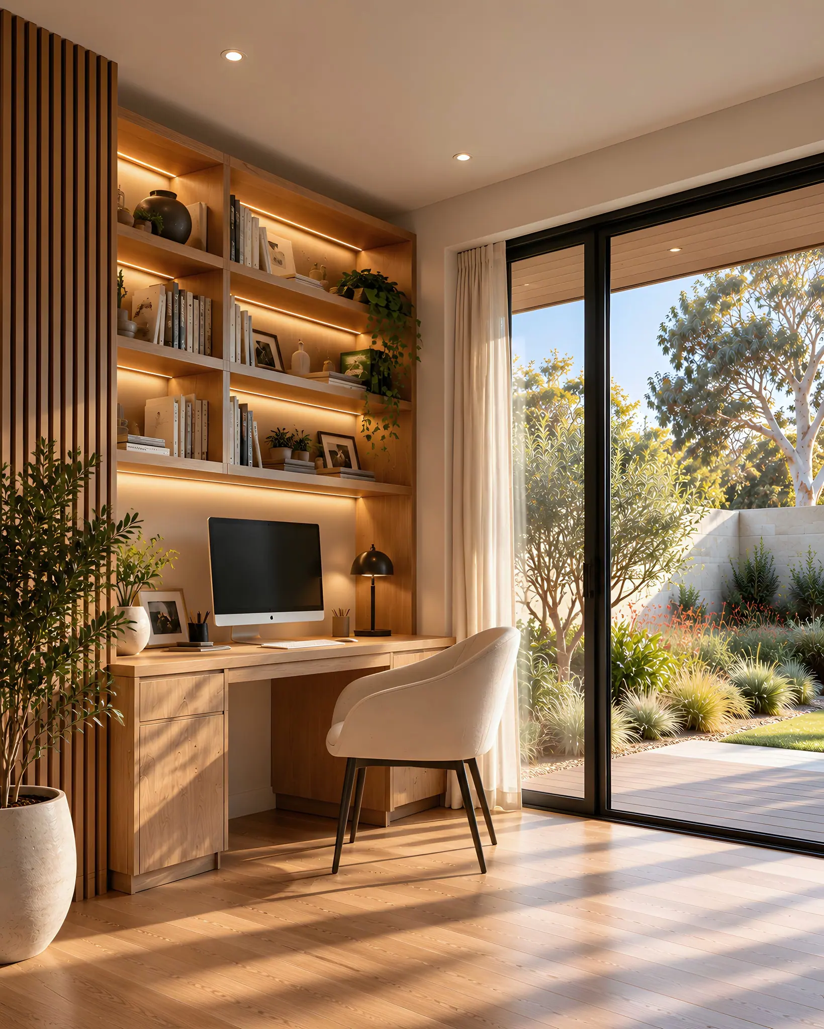 Home office with an oak desk set into lit oak shelving beside floor-to-ceiling glazing onto the garden.